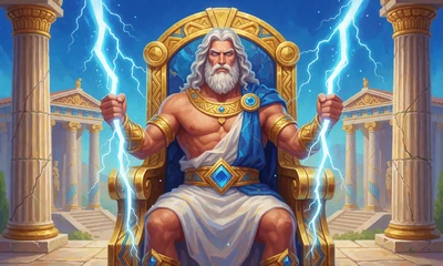 Gates of Olympus Slot mit Zeus auf goldenem Thron und Blitzen im WildRobin Echtgeld Casino