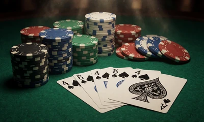 Poker-Chips und Royal Flush auf gr&uuml;nem Filz im WildRobin Echtgeld Casino
