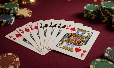 Baccarat-Karten auf burgunderrotem Filz mit Chips im WildRobin Echtgeld Casino
