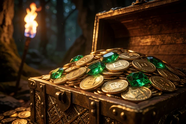 Goldene Schatztruhe voller M&uuml;nzen als Symbol f&uuml;r den 100% Willkommensbonus
