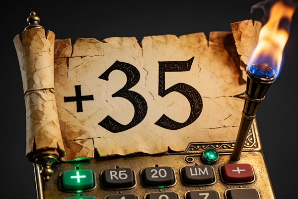 Goldener Taschenrechner mit mittelalterlicher Schriftrolle als Symbol f&uuml;r die 35-fache Umsatzbedingung