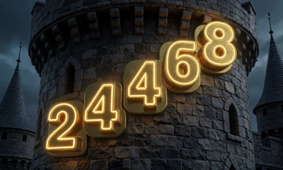 Progressiver Jackpot-Z&auml;hler mit steigenden Gold-Zahlen auf mittelalterlichem Burgturm bei WildRobin