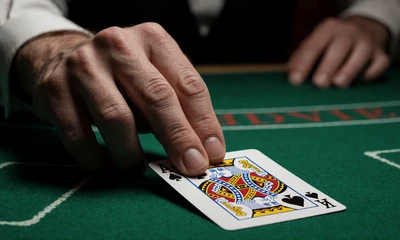 Blackjack-Hand mit Ass und K&ouml;nig Pik auf gr&uuml;nem Filz im WildRobin Echtgeld Casino
