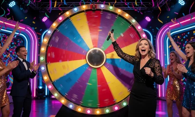 Live-Game-Show-Studio mit buntem Gl&uuml;cksrad und Neonlicht im WildRobin Live Casino