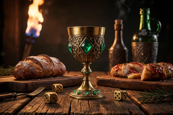 Goldener Kelch und W&uuml;rfel auf Tavernentisch als Symbol f&uuml;r das Weekend Reload Bonus