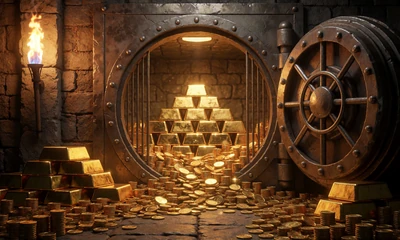 Fester Jackpot-Schatzraum mit Goldbarren und Fackellicht im WildRobin Echtgeld Casino
