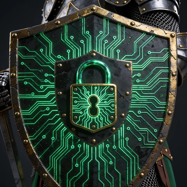 Mittelalterliches Ritterschild mit digitalem Schloss und gr&uuml;nem Schaltungs-Muster als SSL-Sicherheitssymbol