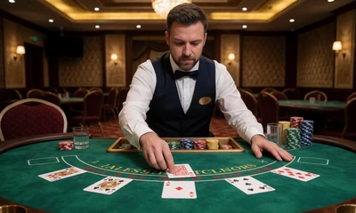 Live-Blackjack-Tisch mit Dealer in Weste und gr&uuml;nem Filz im WildRobin Live Casino