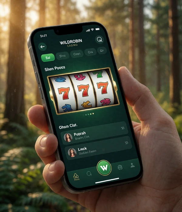 Smartphone in der Hand zeigt die mobile WildRobin Casino-Oberfl&auml;che mit Slot-Rollen und goldener Akzenten