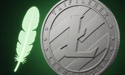 Silberne Litecoin-M&uuml;nze mit Pfeilfeder-Akzent als Krypto-Zahlungssymbol