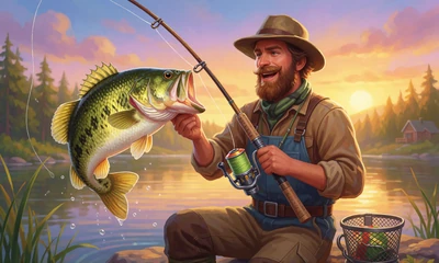 Big Bass Bonanza Slot mit Fischer und Bass-Fang bei Goldener Stunde im WildRobin Casino