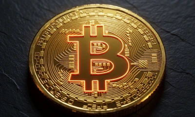 Goldene Bitcoin-M&uuml;nze mit mittelalterlichem Pfeilmotiv als Krypto-Zahlungssymbol