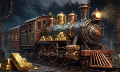 Money Train Slot mit Steampunk-Zug und Goldbarren im WildRobin Echtgeld Casino